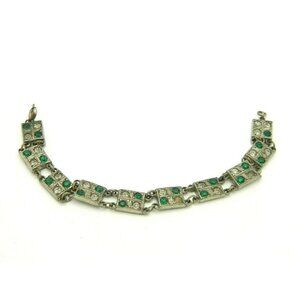 Art Deco Silver Tone Pot Metal Green Clear Rhinest